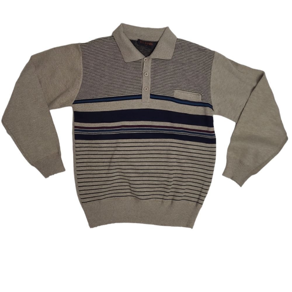 VINTAGE 90s tan striped collared grandpa wool blend sweater‎ top S